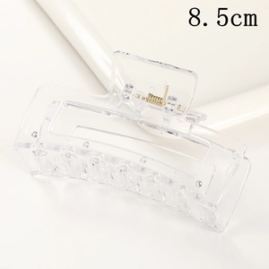 Close-up of a 8.5cm transparent rectangular hair claw clip with a durable gold metal spring