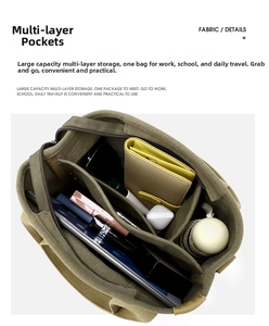 Overhead view showing large capacity and multi-layer interior of canvas tote bag