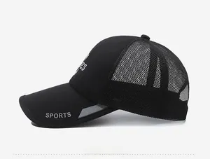 Close-up of black mesh baseball cap with side SPORTS lettering and breathable texture