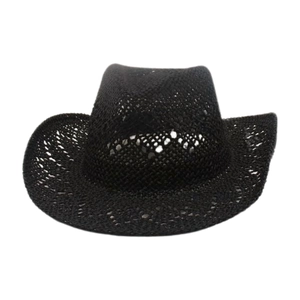 Breathable black hand-woven hollow straw cowboy hat with curved brim for beach sun protection