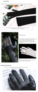 Detailed view of long satin bridal gloves featuring premium elastic fabric and fine stitching