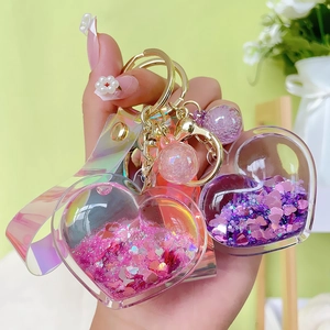 Heart Quicksand Keychain Acrylic Liquid Glitter Holographic Strap Bag Pendant Cute Dreamy Accessory For Girls