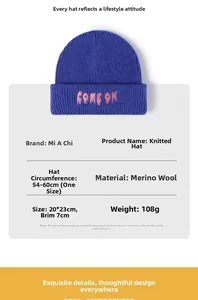 Detail of navy knit beanie showing pink letter embroidery and double cuff texture