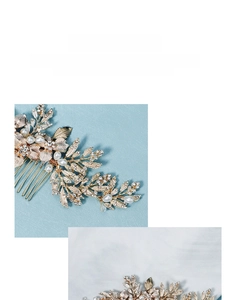 Close-up of handmade pearl hair comb with crystal leaves and twisted copper wire