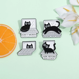 Funny cartoon black cat enamel pins set featuring computer tech support and work from home theme