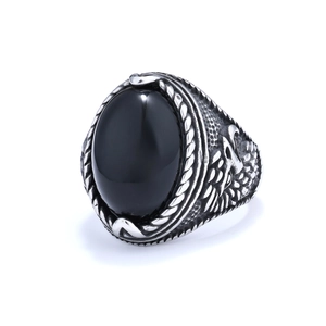 Vintage stainless steel ring for men with black gemstone and eagle engraving on sides