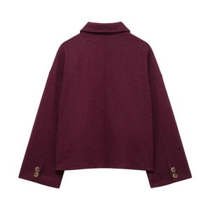 Flat lay back view of a burgundy wool jacket with textured fabric and clean seam details