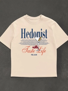 Μπεζ βαμβακερό oversized T-shirt με τύπωμα Hedonist σε γκρι φόντο με ανάγλυφη υφή