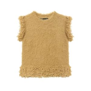 Gilet en Tricot en Fausse Fourrure Décontracté pour Femmes Col Rond Sans Manches Peluche Jaune Moutarde Couleur Unie Haut d'Automne Hiver