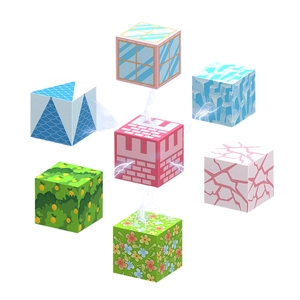 Magnetic building blocks set with 3D pink castle and natural element cube textures