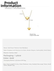 Detail of gold heart pendant necklace showing 41cm chain and 15mm heart charm dimensions
