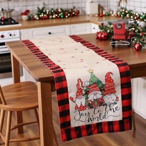 Christmas table runner with red plaid trim and Joy to the World festive illustration