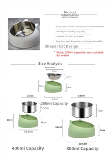 Detailed dimension guide for stainless steel tilted pet bowls showing sizes 200ml to 800ml