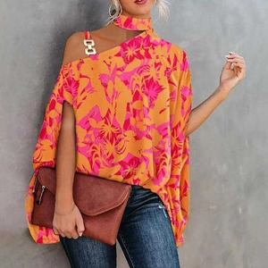 Damen Sommer Neckholder-Top mit Tropen-Print in Orange und Pink mit Fledermausärmeln