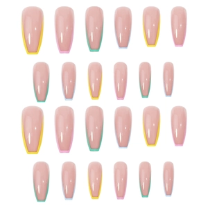 Rainbow French tip press-on nails in long coffin shape with pink base, 24 piece set