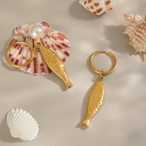 Golden stainless steel fish pendant hoop earrings with beach theme shells and pearls