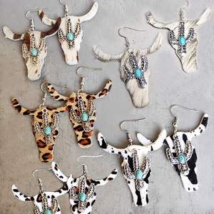 Western Cow Skull Dangle Earrings Cowhide Leather Leopard Print Cactus Turquoise Alloy Bohemian Vintage Jewelry For Women