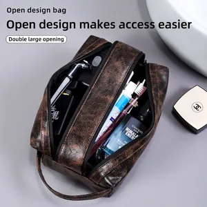 Brown vintage PU leather toiletry bag with double compartment and side handle for travel