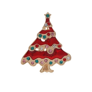 Christmas tree brooch with red enamel finish and colorful rhinestones on gold metal