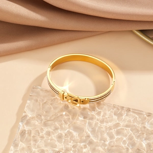 Detailed macro view of gold buckle bracelet with sparkling pave-set cubic zirconia accents