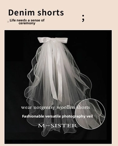 Close-up of white layered tulle veil featuring elegant satin bow and wavy edge design