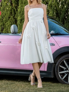 French retro white camisole dress with 3D floral appliques and beaded pearl straps