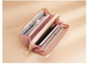 Internal view of pink double zipper long wallet with multi-card slots and phone compartment