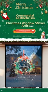 UV printed Christmas wreath window decal featuring festive holiday greetings on glass