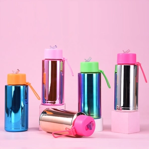 Portable 1L electroplated stainless steel sports bottle with straw and handle in metallic finish