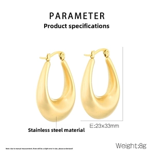 Detailed size chart for gold stainless steel water drop earrings 23x33mm and 8g weight