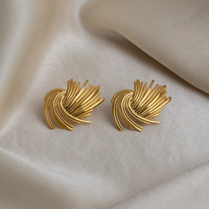 Vintage 18K gold plated stainless steel stud earrings with radiant firework texture