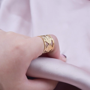 Adjustable 304 stainless steel geometric wide ring with hammered texture in gold finish