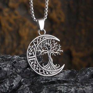 Tree Of Life Crescent Moon Pendant Necklace Stainless Steel Vintage Celtic Knot Wiccan Pagan Jewelry For Unisex