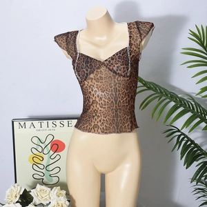 Detail of leopard print mesh top featuring sweetheart neckline and white lace trim