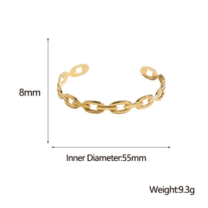 Detail view of 8mm gold chain-link stainless steel cuff with size specifications