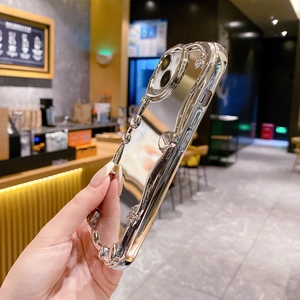 Detail of silver electroplated chain-edge phone case with a sleek mirror finish