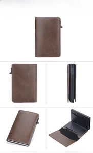 Brown leather wallet with pop-up card mechanism shown in multiple angles and perspectives