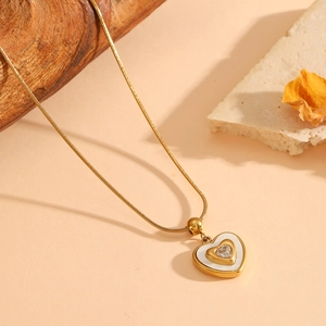 18K gold-plated stainless steel heart pendant necklace with white inlay and snake chain