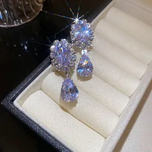 Dangle Earrings Copper Zircon Water Drop Pear Shaped Glamorous With Silver Earring Post High End Style For Women