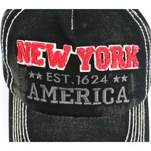 Distressed black cotton baseball cap with New York 3D embroidery and vintage style