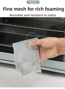 Dual-sided silver wire dishcloth showing dry and wet use for kitchen cleaning