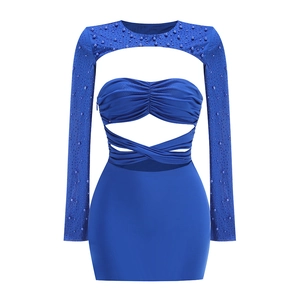 Royal blue bodycon dress with long sleeves featuring exquisite beadwork and cut-out waist