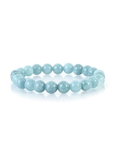 Macro shot of 8mm light blue natural stone beaded bracelet with glossy finish