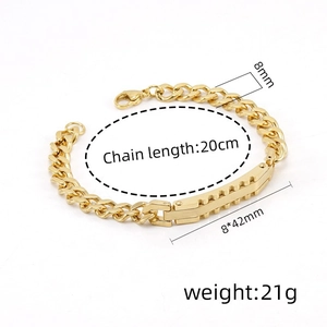 Detailed view of 18K gold plated stainless steel Cuban chain bracelet with dimensions