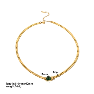 Detailed view of gold snake chain necklace with green heart zircon and measurement specs