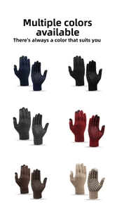 Detail of knitted touchscreen gloves with anti-slip palm patterns in multiple colors