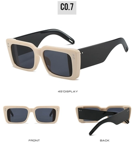 Drei Ansichten der rechteckigen Sonnenbrille mit creme Rahmen und schwarzen Bügeln
