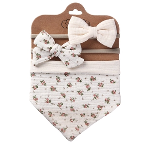 Three-piece baby floral cotton bib and headband set with soft crepe texture and vintage print