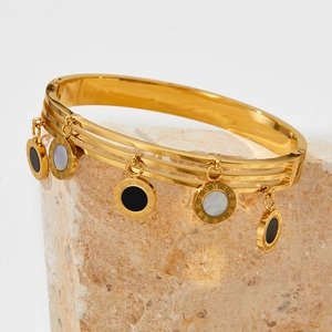 Stainless Steel Bangle Bracelet Three-Layer Design With Five Roman Numeral Charms Fashion Jewelry For Women