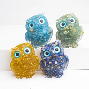 Handcrafted crystal owl figurines with resin crushed stones and gold leaf desk decor